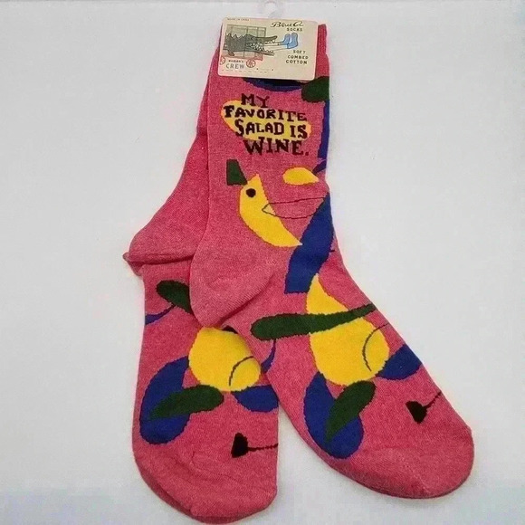 BLUE Q MY FAVORITE SALAD IS WINE WOMEN'S SIZE 5 - 10 CREW SOCKS PINK BLUE YELLOW - Picture 2 of 12